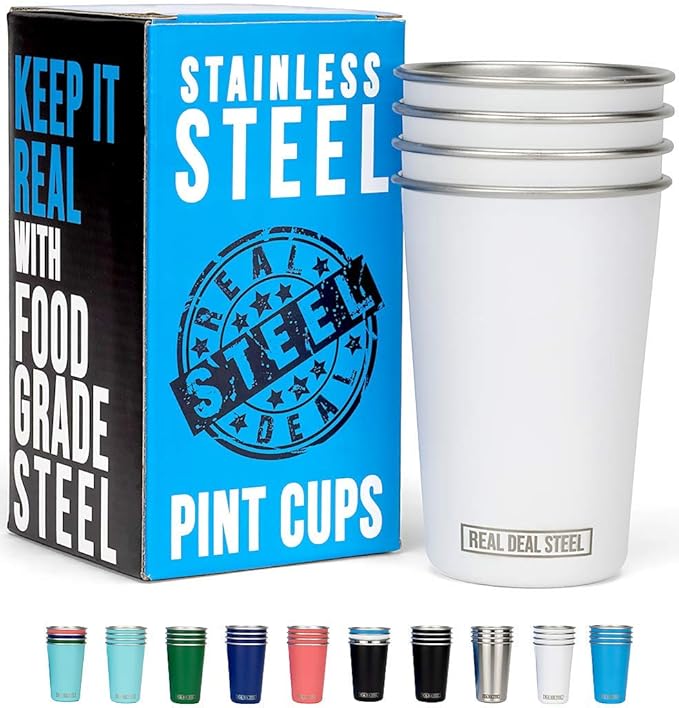 Stainless Steel 16 oz Pint Cups Stackable Single Wall Tumblers, Eco Friendly Premium Metal Drinking Glasses (White)