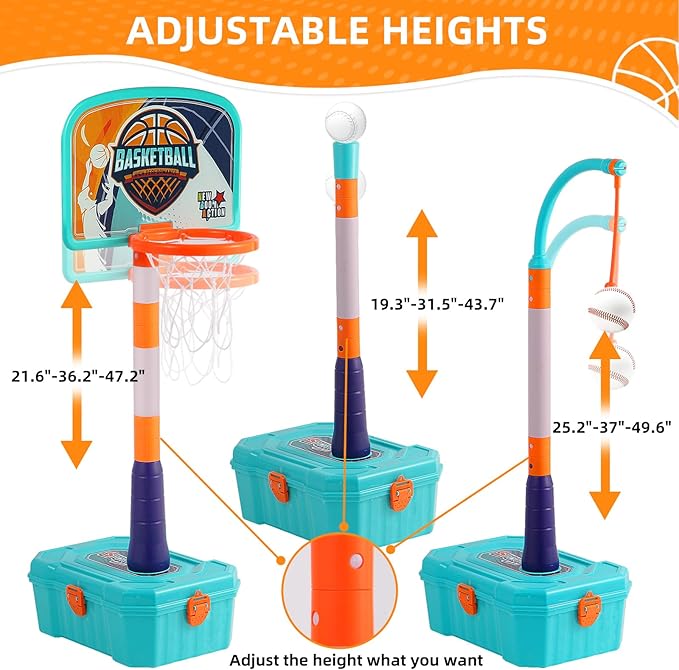 Kids Basketball Hoop and T Ball Set for Toddler 3-5, 4 in 1 Height Adjustable - Toddler Basketball Hoop Indoor Toy for Kids Outdoor Basketball Goal, Portable Sport Toy Gifts for Boy Age 3 4 5