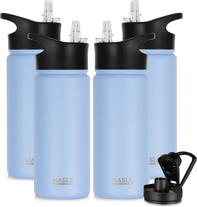 HASLE OUTFITTERS Insulated Water Bottle 16 oz Double Wall Vacuum Stainless Steel Water Bottle Leak Proof for School Wide Mouth with Straw Lid & Spout Lid Keeps Cold and Hot(Light Blue,4pack)