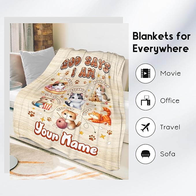 Personalized Cat Blankets with Name, Cat Themed Gifts for Girls & Boys, Animal Print Fleece Throw Blanket, 50"x60"