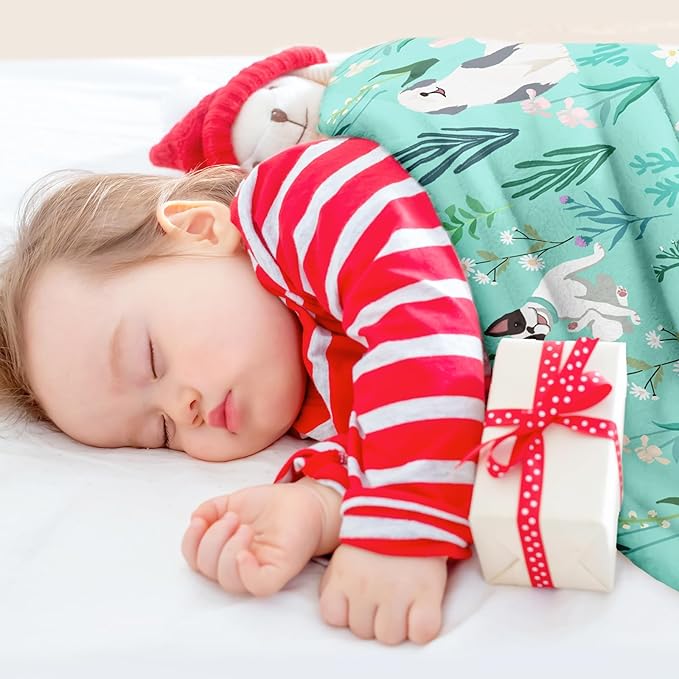 Wajade Floral Puppy Dog Blanket for Kids Toddler Soft Flannel Sage Green Bed Blanket for Kids Adults Teens Plush Cute Christmas Birthday Gifts 60"x80"
