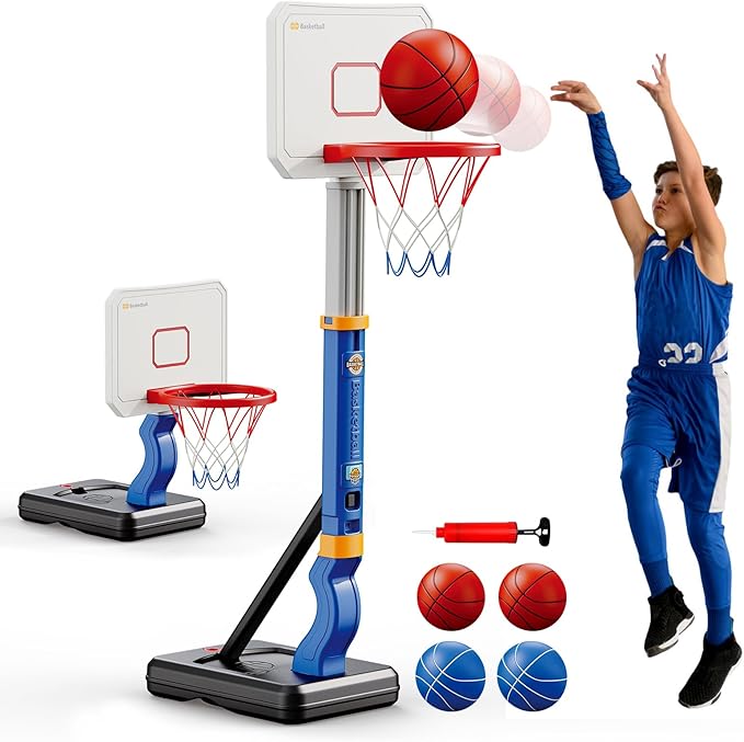 Toddler Basketball Hoop, Adjustable Height 2.3-4.5ft Baby Basketball Goal Set with 4 Balls & Pump, Backyard Poolside Basketball Toy for Boys & Girls Birthday Gift, Blue