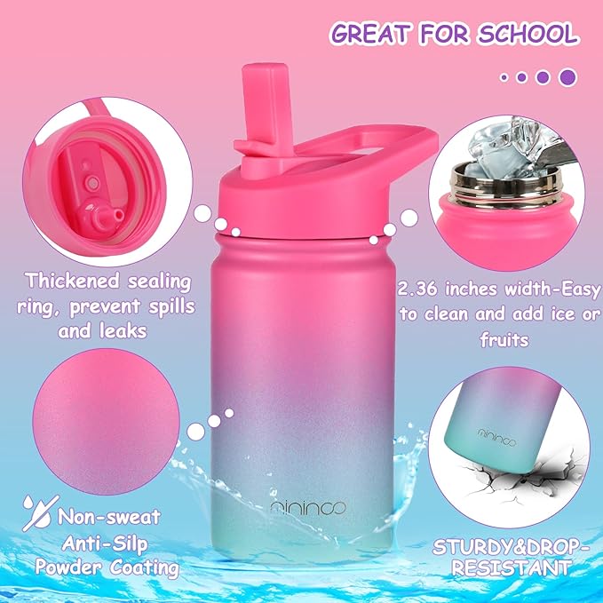 Mininoo Insulated Kids Water Bottle, 12 oz Stainless Steel Water Bottle Kids with Straw Lid and Chug Lid for Girls, Boys (Punch/Green)