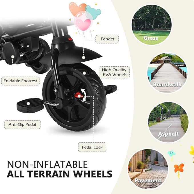 Kinder King Kids Tricycle, 7 in 1 Folding Toddler Trike w/Adjustable Push Handle, Rotatable Seat, Adjustable Canopy, Safety Harness, Storage, Toddler Stroller Bike for Age 6 Months+,Black