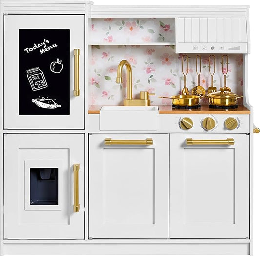 Best Choice Products Pretend Play Kitchen for Kids, Interactive Wooden Toddler Playset, Framed Chalkboard, Toy Storage, 11 Accessories – White