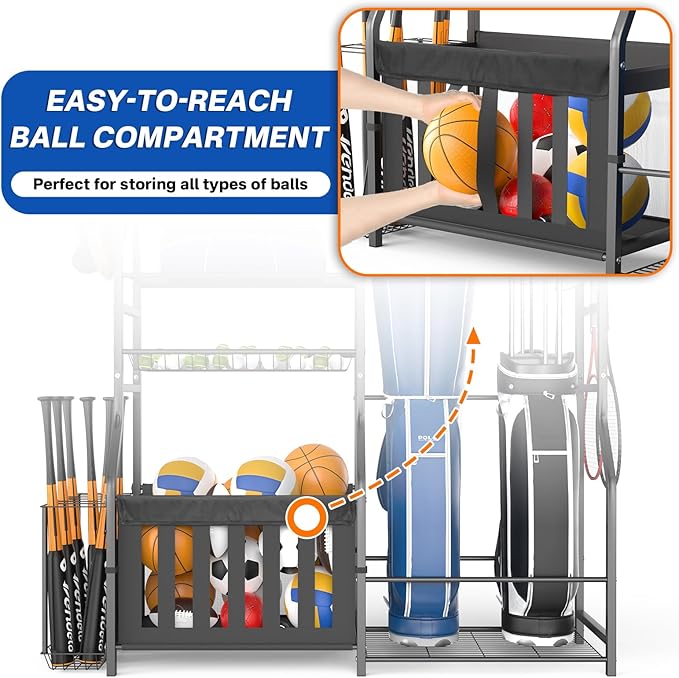Garage Sports Equipment Organizer, Strong Load Bearing Golf Bag Organizer, Multi Use Golf Ball Rack Basketball Rack for Sports Gear and Outdoor Toy Ball Storage