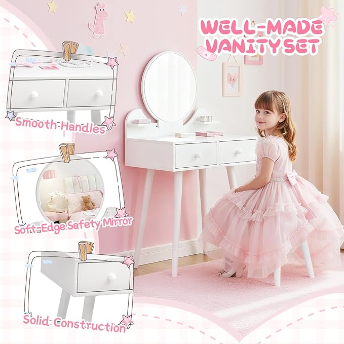 Arlopu Kids Vanity Table and Chair Set, 2 in 1 Toddler Makeup Dressing Desk with Detachable Large Mirror and Stool, Drawers, Princess Wooden Pretend Play Toys for Little Girls (White)