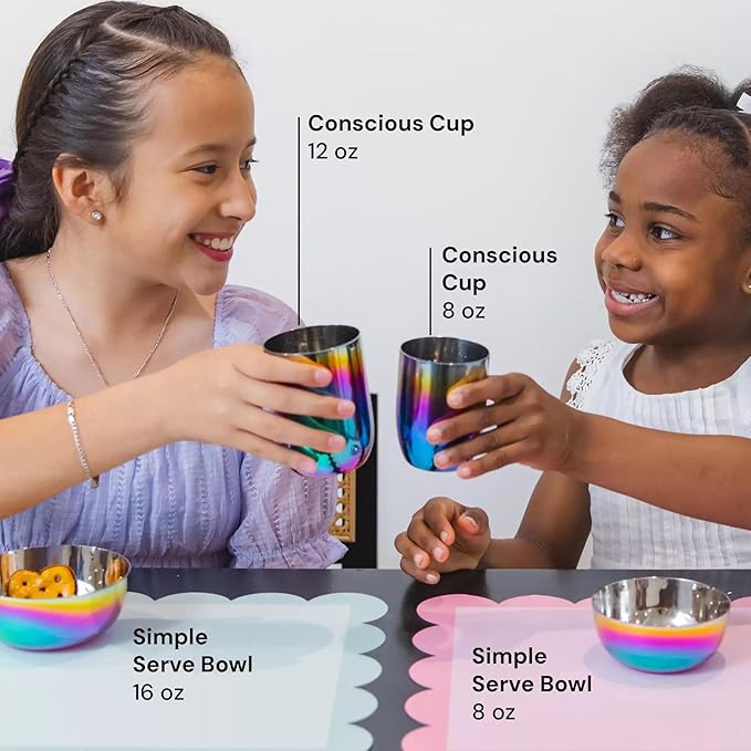 Ahimsa Stainless Steel Kids Dishes, Pediatrician Designed Complete 5 Piece Kids Plates and Bowls Set, Non Toxic & Unbreakable Stainless Steel Plate, Cup and Kid Utensils, Rainbow