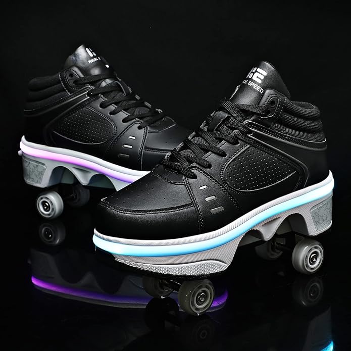 2-in-1 Roller Skates Shoes with Retractable 4 Wheels & Pop-Out Deformation Sneakers Outdoor Sports Skating Shoes for Girls Boys