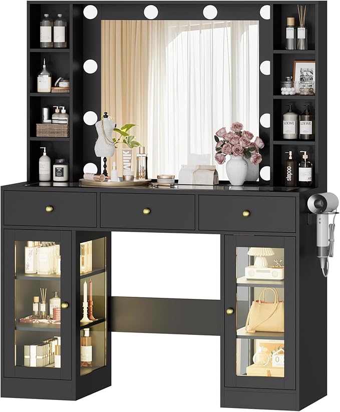 Makeup Vanity Desk with Mirror and Lights, Black Vanity with Glass Top, LED Lights & Power Outlet, 3 Drawers & 2 RGB Glass Cabinets, Adjustable Lighted Dressing Table for Women & Girls Bedroom