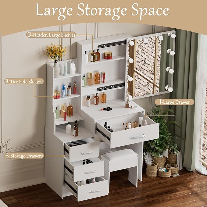 Makeup Vanity Desk with Sliding Mirror and Lights, Small White Vanity Desk with 3-Color Light Adjustable Brightness, 4 Drawers & Open Shelves, Vanity Desk for Bedroom, Girls & Women