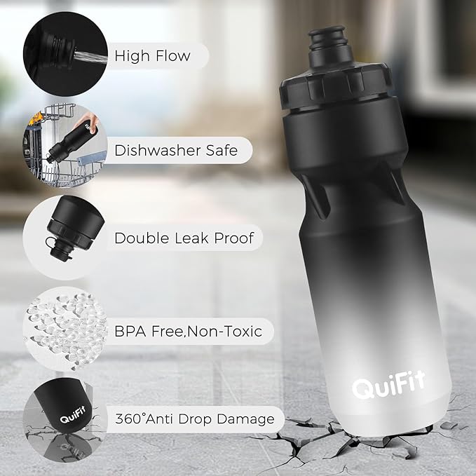 QuiFit Bicycle Water Bottle 24oz, 2-Pack, Lightweight Bike Bottle Leak-Proof, BPA Free, With Nozzle Cover, Fits Most Bike Cages, for Workout, Cycling, Gym, Camping(Black+Black White, 24oz)