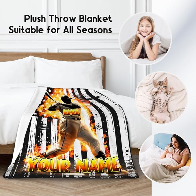 Baseball Blanket for Boys, Custom Blankets Gifts for Kids, Personalized Sports Throw with Name, Soft Fleece Throw for Sport Lovers, 40"x50"