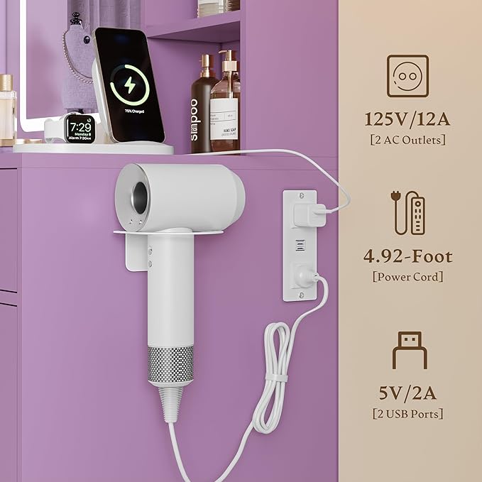 Makeup Vanity Desk with Mirror and Lights, 43" Purple Vanity with Glass Top, Jewelry Storage, 3 Drawers & Glass Cabinets, Power Outlet & Adjustable LED Lights, Dressing Table for Women & Girls Bedroom