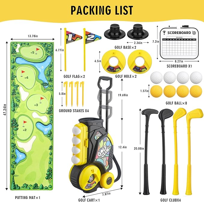Toddler Golf Set with Cart, 4 Upgraded Handle Clubs, 47.2" Putting Mat, 8 Balls, Training Accessories for 3 4 5+ Years Old Boys Girls