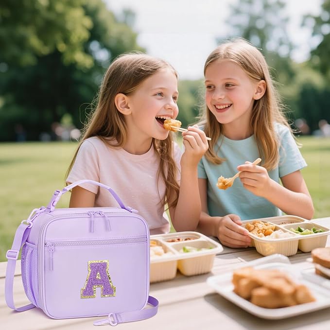Kids Initial Lunch Bag, Reusable Insulated Lunch Box for Girls Toddlers, Back to School Gift, Leak-proof Cooler Bag for School Daycare Travel Picnic, Purple-A