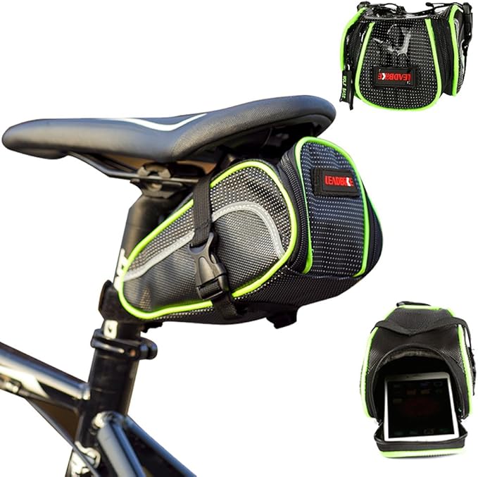 Ryhpez Bike Saddle Bag, Bicycle Bag Back Seat Pouch Mountain Bike Pocket Pack Waterproof Strap-on Seat Bag for Outdoor Night Safety Ride, Convenient with Reflective Stripes - Green