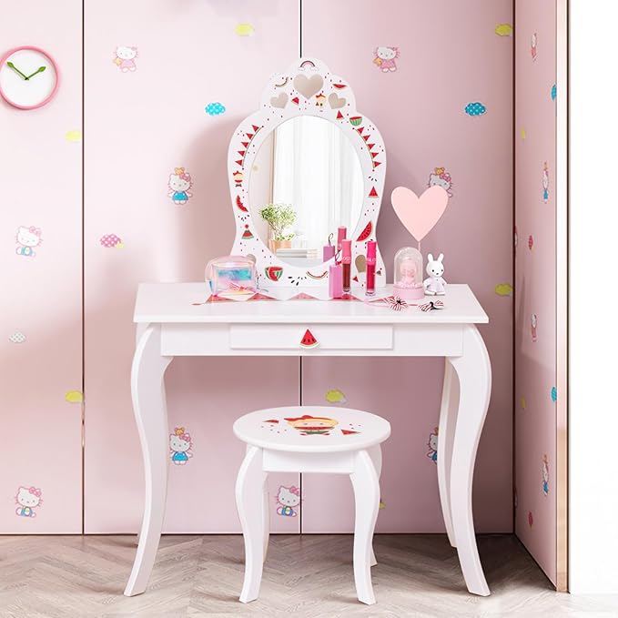 HONEY JOY Kids Vanity, Wooden Vanity Table & Chair Set with Mirror and Stool, Princess Pretend Play Dressing Table w/Detachable Top, Watermelon Theme Toddler Makeup Vanity Set for Little Girls