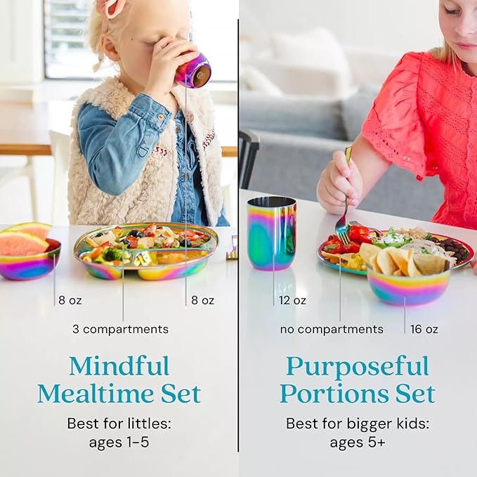 Ahimsa Stainless Steel Kids Dishes, Pediatrician Designed Complete 5 Piece Kids Plates and Bowls Set, Non Toxic & Unbreakable Stainless Steel Plate, Cup and Kid Utensils, Rainbow