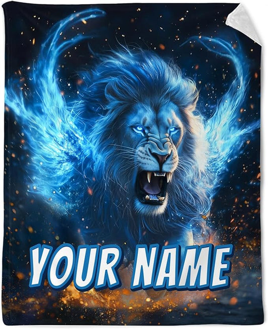 Boys Blanket Custom Lion Gifts - Lion Throws Personalized Flannel Warm Comfy Blankets for Couch Sofa