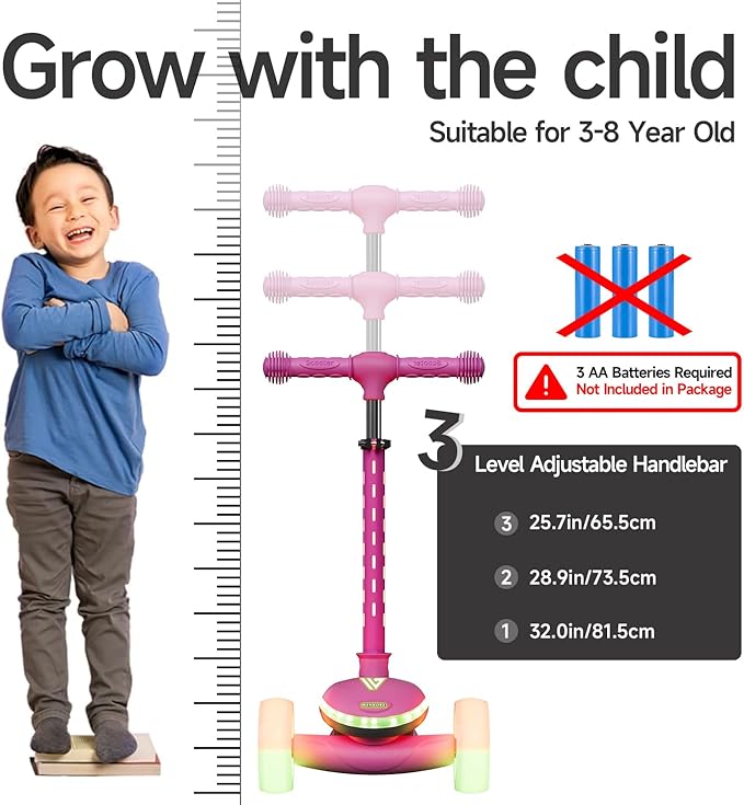 Winhope Kids Kick Scooter, 3 Wheel Scooter for Boy and Girl, LED Lighted Wheels and Widen Deck, Outdoor Ride-On Toys for Kids Aged 3-8