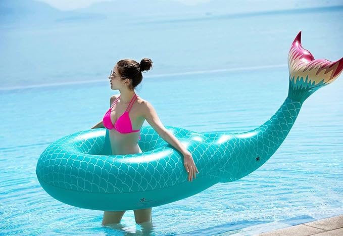 Jasonwell Giant Inflatable Mermaid Tail Pool Float with Fast Valves Summer Beach Swimming Pool Party Lounge Raft Decorations Toys for Adults Kids (Green)