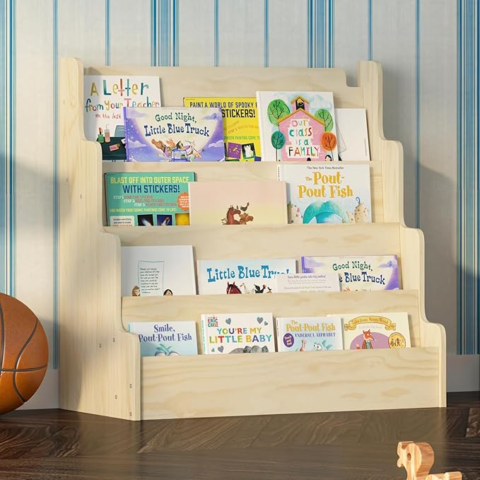 NACHES Kids Bookshelf Wooden 4 Tier Scalloped Bookshelf Toddler Montessori Bookcase Children Front Facing Display Book Shelves for Nursery Kids Room Reading Room Bedroom Classroom