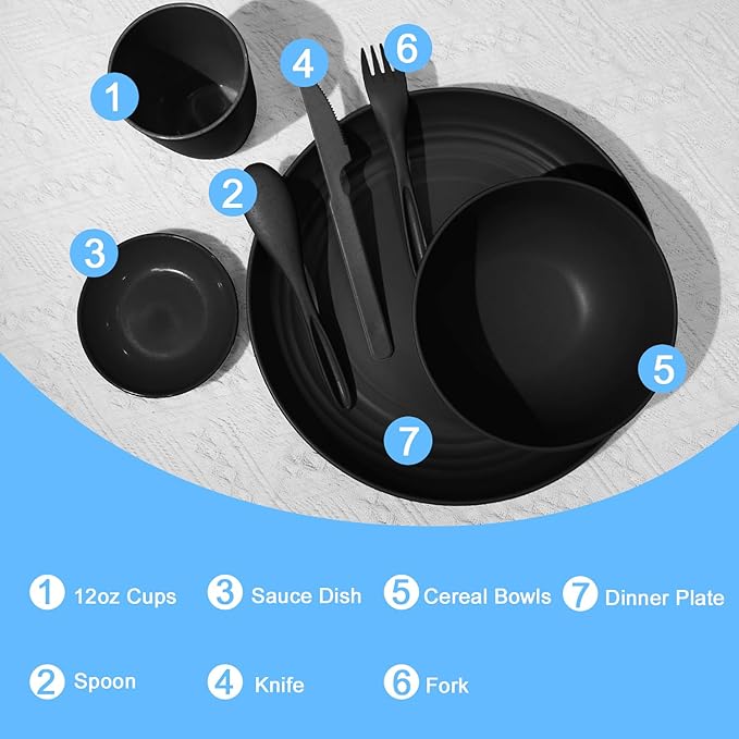 Wrova Wheat straw dinnerware set of 28 - Bowls and Plates Set for Dorm - Microwave and Dishwasher safe dish sets for kitchen,camping,indoors and out doors.Black