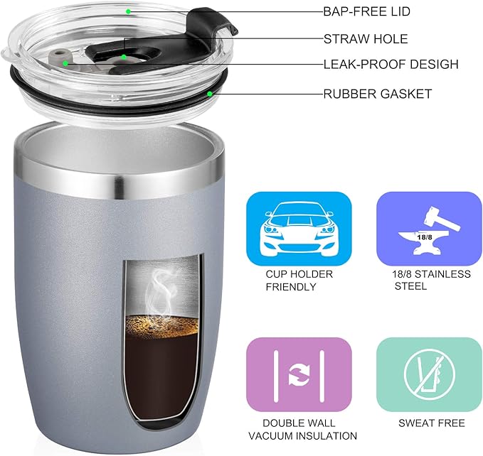 VEGOND Stainless Steel 12 oz Tumblers bulk Vacuum Insulated Double Wall Travel Tumbler with Lid and Straw Reusable Tumbler, Grey 1 Pack