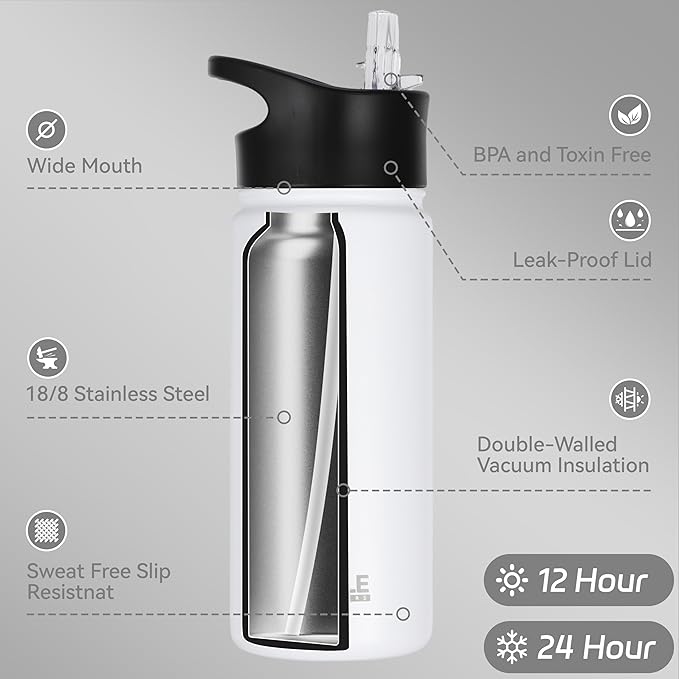 HASLE OUTFITTERS Insulated Water Bottle 16 oz Double Wall Vacuum Stainless Steel Water Bottle Leak Proof for School Wide Mouth with Straw Lid & Spout Lid Keeps Cold and Hot(White,4pack)