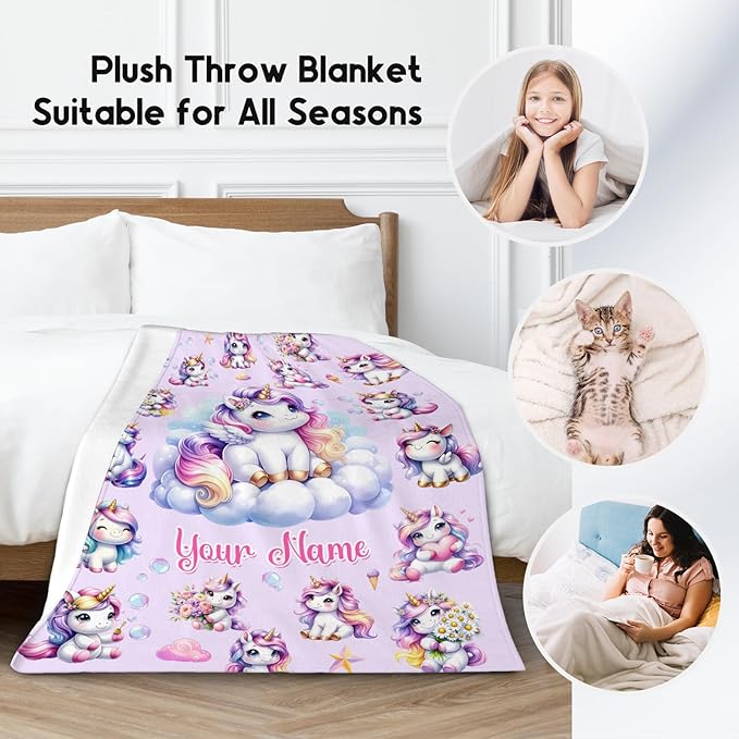 Gifts for Girls, Unicorn Blanket Gifts for Kids Unicorn Lovers, 50"x60" Personalized Soft Flannel Throw with Name for Teens Child Women
