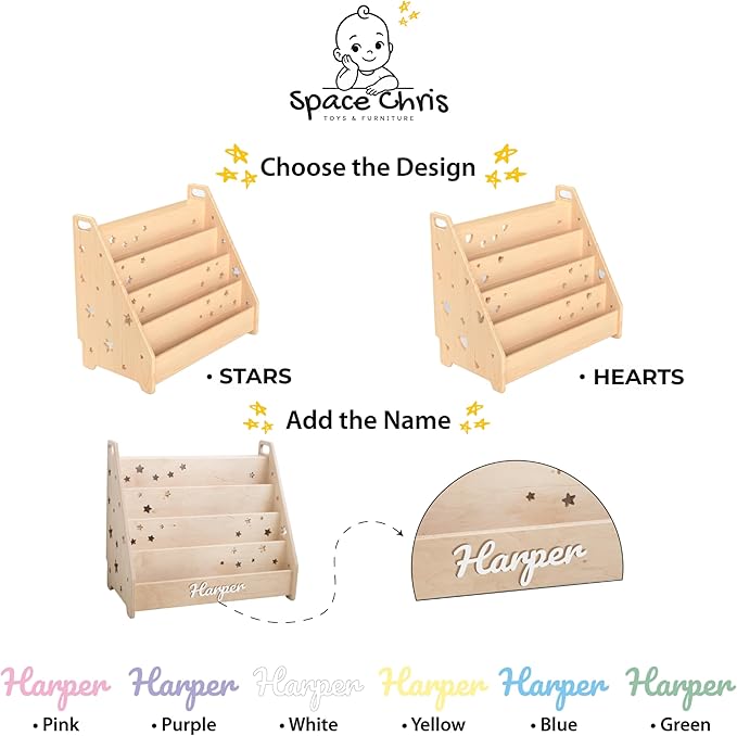 Kids Bookshelf, Furniture for Kids, Personalized Montessori Bookshelf, Open Bookcase for Playroom in Two Sizes, Wooden Shelf with Stars.