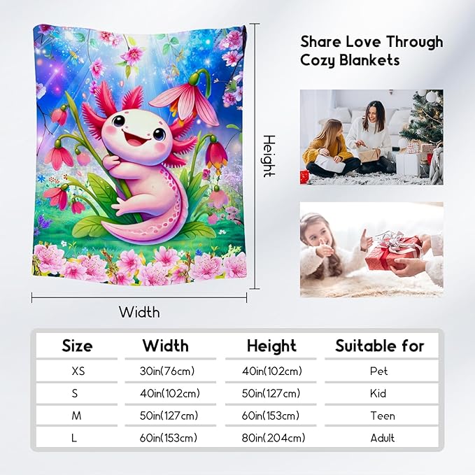 Girls Blanket, Axolotl Blanket for Girls, Gifts for Toddler Kids, Cute Flannel Throw for Bedroom, 50"x60"