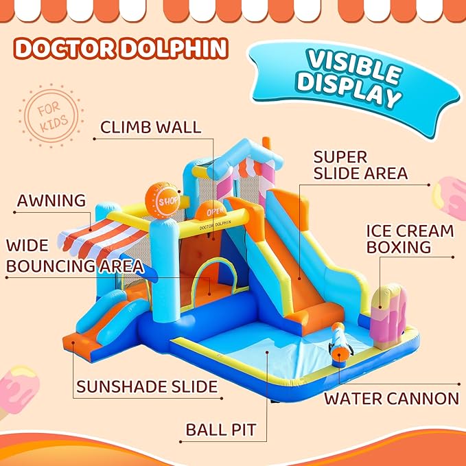 Doctor Dolphin Inflatable Bounce House with Slide and Blower for Kids, Double Slide Jumping Inflatable Bouncer Blow Up Bouncy Castle with Ball Pit for Indoors and Outdoors