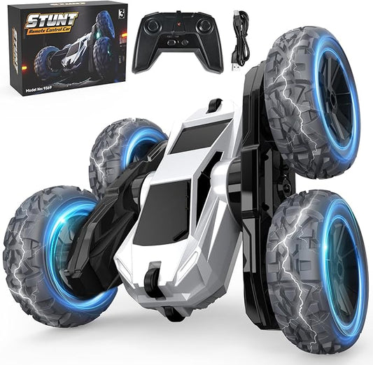 Remote Control Car for Boys, RC Monster Truck, USB Rechargeable 4WD RC Cars, 2.4Ghz Double Sided 360° Rotating Stunt Car, RC Cyber Toy Vehicle with LED Lights, Xmas/Birthday Gift for Kids Age 3+