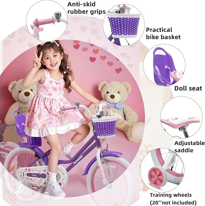 ACEGER Girls Bike with Basket for Ages 2-12 Years Old Kids, 12 14 16 18 Inch with Training Wheels，Princess Style with Streamers, Handbrake & Coaster Brake,Multiple Colors.