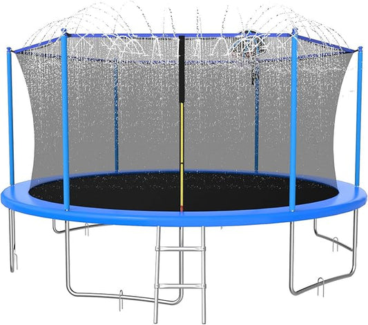 10FT/12FT/14FT Outdoor Trampoline for Kids and Adults - Trampoline with Basketball Hoop & Sprinkler - Anti Rust - ASTM Approved - Blue