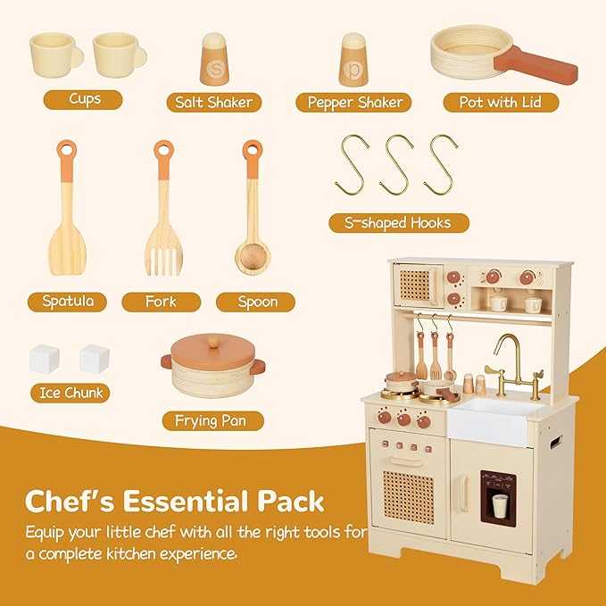 Play Kitchen for Kids, Wooden Play Kitchen Set with Realistic Features, Small Play Kitchen Toy Designed Ideal for Toddlers, for Ages 3+