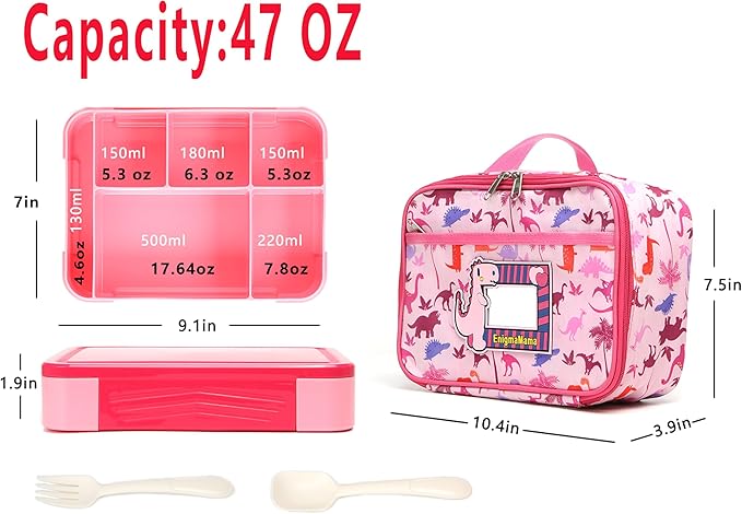 Kids Lunch Bag Set for Girl Dinosaur Lunch Bag with Name Tag & 6-Compartment Lunch Bento Box Insulated Lunch Tote (Pink bag+box