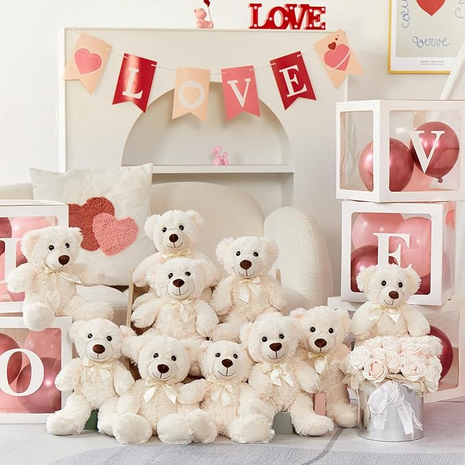 MorisMos 10Pcs Teddy Bears Bulk Baby Shower, 14inch Cute Teddy Bear Stuffed Animals Plush, Small Stuffed Bears on Centerpiece Baby Shower, White