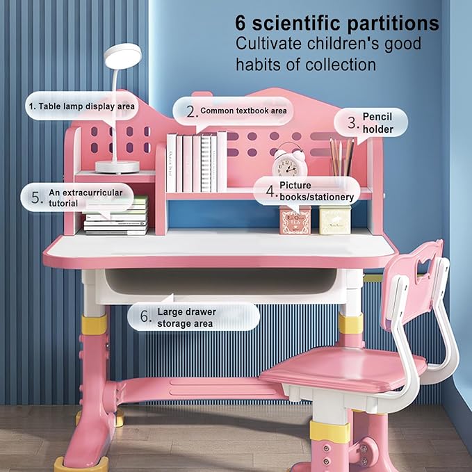 Kids Ergonomic Desk and Chair Set, Height Adjustable School Study Table with Bookshelf, Drawer and Spine Support Backrest, Kids Desk and Chair for Bedroom&Study Room (Pink A)