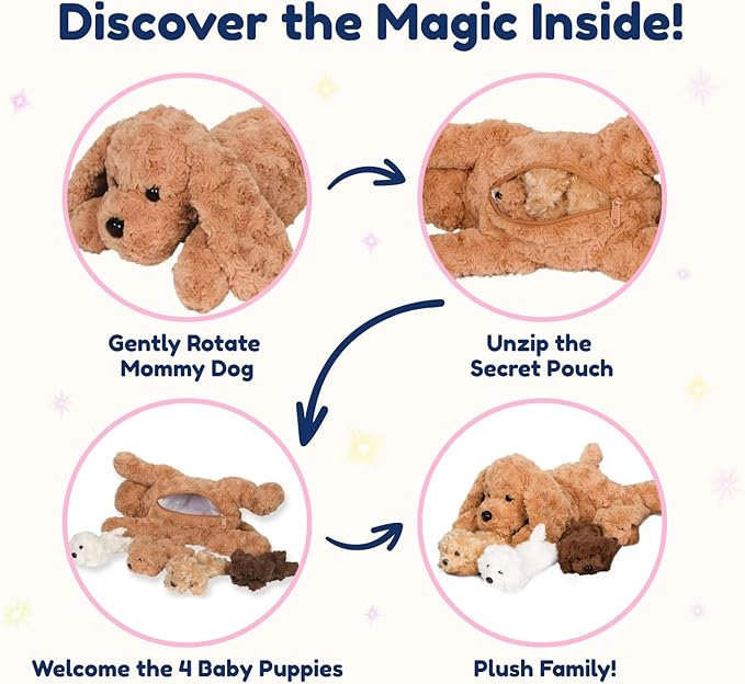 PixieCrush Adopt Me Dog Stuffed Animals for Girls Ages 3 and Up - Plush Labradoodle Dog Pillow with 4 Surprise Puppies Inside - Soft Puppy Toys for Kids - Cute Dogs Plush Set for Imaginative Play