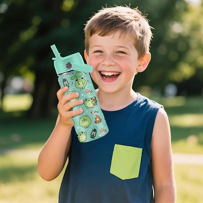 Frog Gifts for Kids - 16oz Cute Green Frog Water Bottle with Straw Lid, Stainless Steel Insulated Tumbler, Leakproof, BPA-Free, for Boys & Girls, School - Animal Frogs Lovers Birthday Gift Cup (1pc)