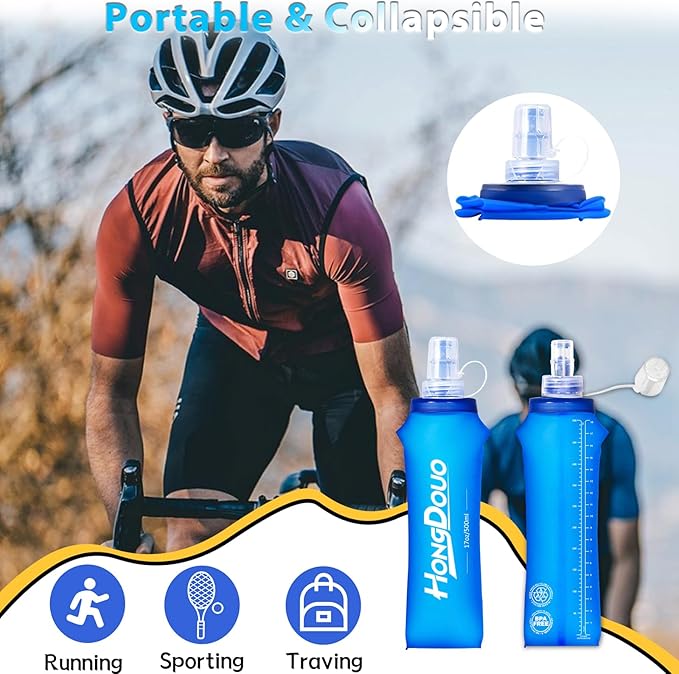 2 Packs Soft Flask, 17oz/500ml TPU Collapsible Soft Water Bottle for Hydration Pack, Running Vest, BPA-Free Folding Water Bottles for Hiking Cycling Climbing Running Outdoor Sports