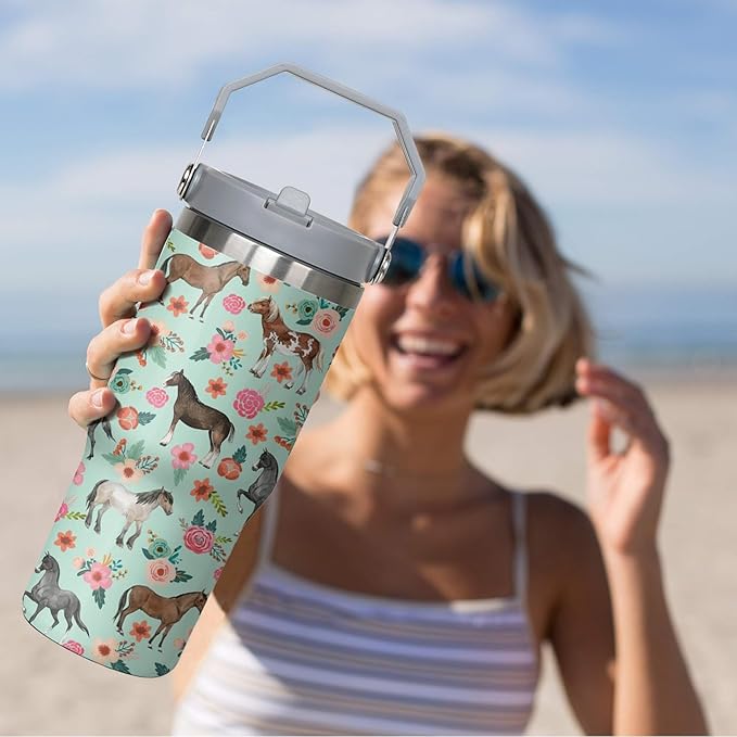 30 oz Horse Flip Straw Tumbler with Handle, Cute Floral Horse Insulated Stainless Tumbler Coffee Cups Water Bottle CoffeeTravel,Horses Gifts for Women Horse Lovers Girls