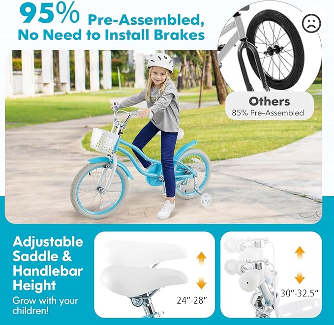 COSTWAY Kids Bike, 12 14 16 18 Inch Toddler Bike Children Bicycle w/Training Wheels, Hand & Coaster Brakes, Adjustable Saddle & Handlebar, Basket, Bell, Kids Bicycle for Girls Boys Aged 3-8 Years Old