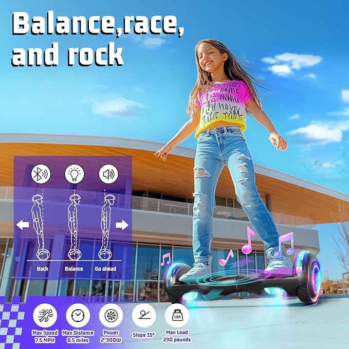 Scooter with Seat Attachment for Kids Adults, 6.5'' 8.5''Balancing Scooter with Bluetooth Speakers & Colorful LED Light with Kart