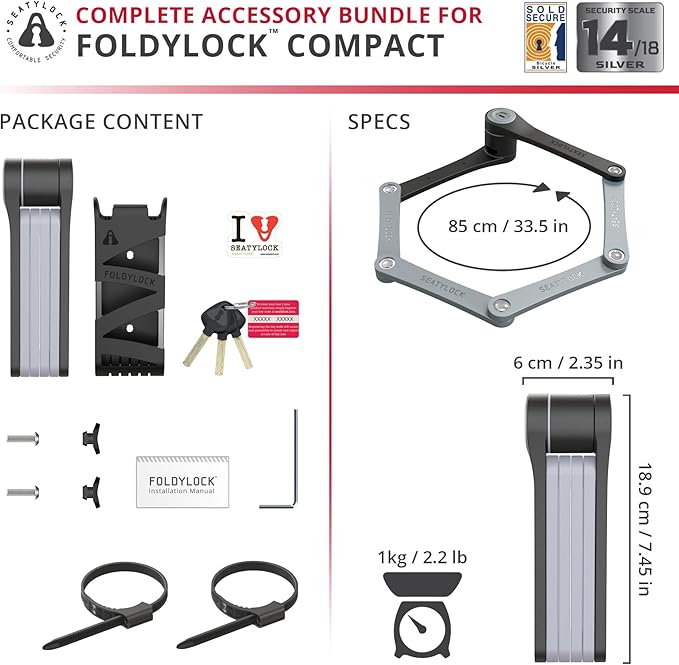 Seatylock FoldyLock Compact Folding Bike Lock - Award Winning Patented Lightweight High Security Bicycle Lock - Heavy Duty Anti Theft Smart Secure Guard with Keys & Case for Bikes or Scooters