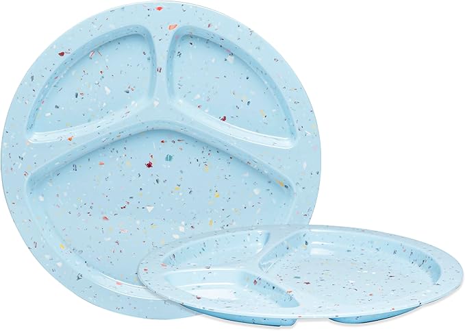 bzyoo 11-Inch Divided Plate Set of 2 - Confetti Blue 100% Melamine Portion Control Plate for Adults, Kids Unbreakable, Dishwasher Safe for Camping, BBQ