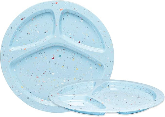 bzyoo 11-Inch Divided Plate Set of 2 - Confetti Blue 100% Melamine Portion Control Plate for Adults, Kids Unbreakable, Dishwasher Safe for Camping, BBQ